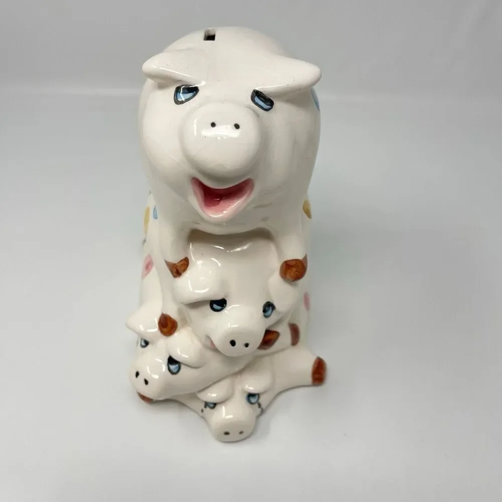 4 Pig High Ceramic Pile Pokadots Coin Bank 8